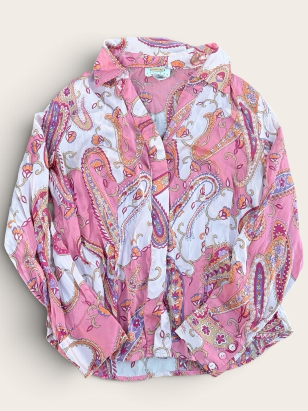 Talbots Petites Silk Blend Paisley Blouse Pink Boho Long Sleeve Size 10P